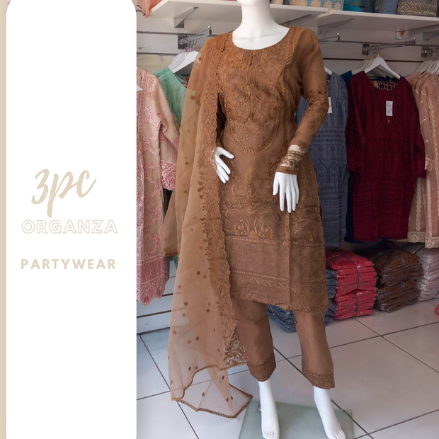 Brown Premium Organza 3PC Shalwar Kameez Ready to wear SS3155