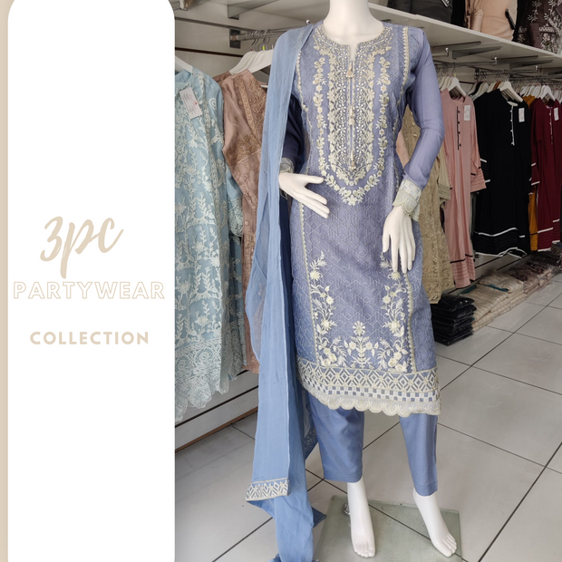 Grey Blue Premium organza 3PC Shalwar Kameez Ready to wear SS3115