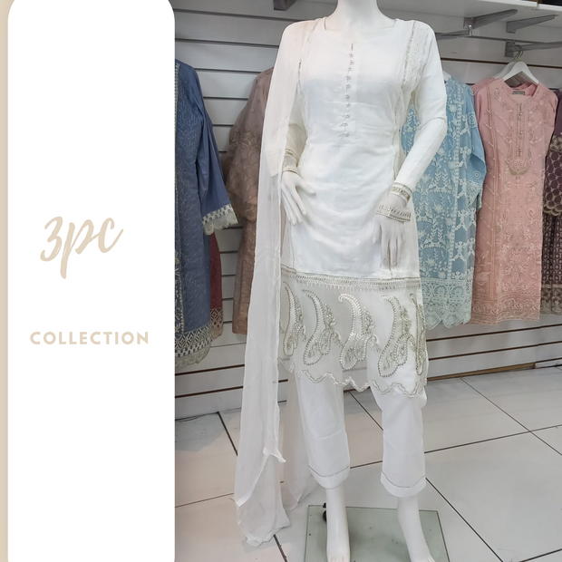White Premium Cotton and Organza 3PC Shalwar Kameez Ready to wear SS3143