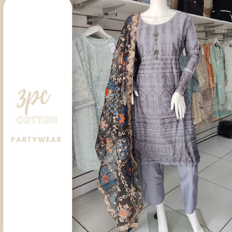 Grey Premium Cotton and 3PC Shalwar Kameez Ready to wear SS3146