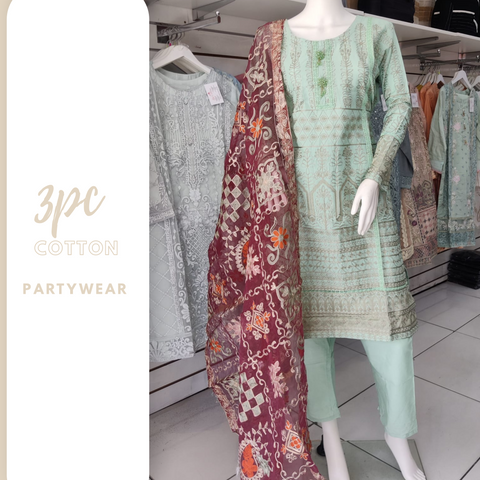 Green Premium Cotton and 3PC Shalwar Kameez Ready to wear SS3148