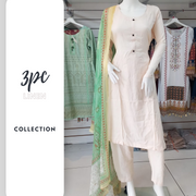 Cream and Green Linen Shalwar Kameez Dress SS3304