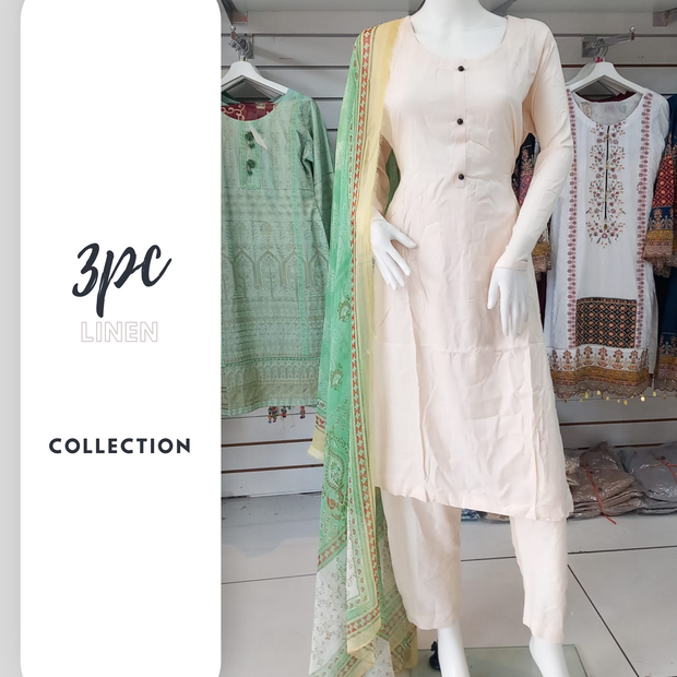 Cream and Green Linen Shalwar Kameez Dress SS3304
