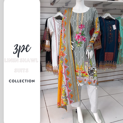 Grey Linen Suit with Shawl Shalwar Kameez Dress SS3345