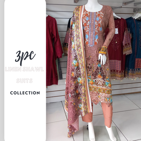 Brown Linen Suit with Shawl Shalwar Kameez Dress SS3340