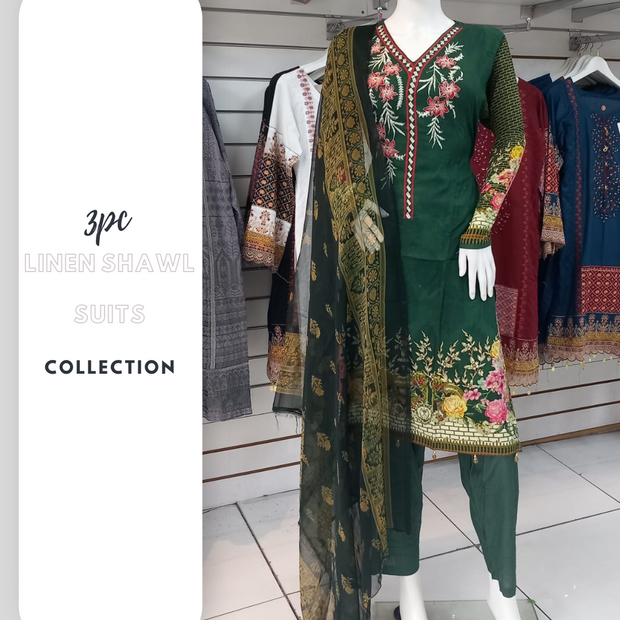 Green Linen Suit with Shawl Shalwar Kameez Dress SS3358