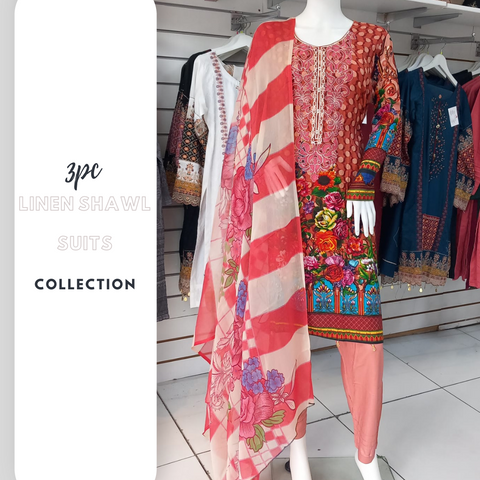 Red Linen Suit with Dupatta Shalwar Kameez Dress SS3360