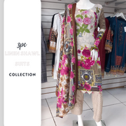 Cream Pink  Linen Suit with Shawl Shalwar Kameez Dress SS3362