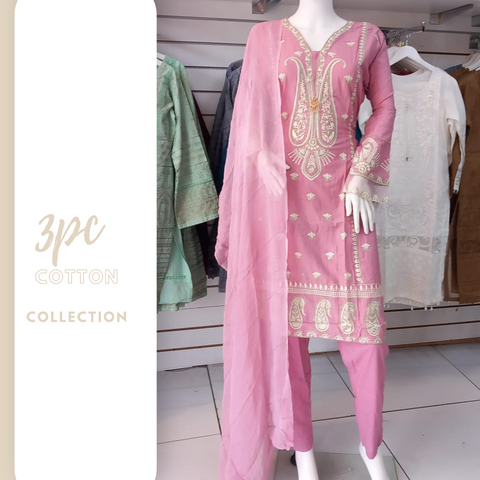 Pink Premium Cotton 3PC Shalwar Kameez Ready to wear SS3196