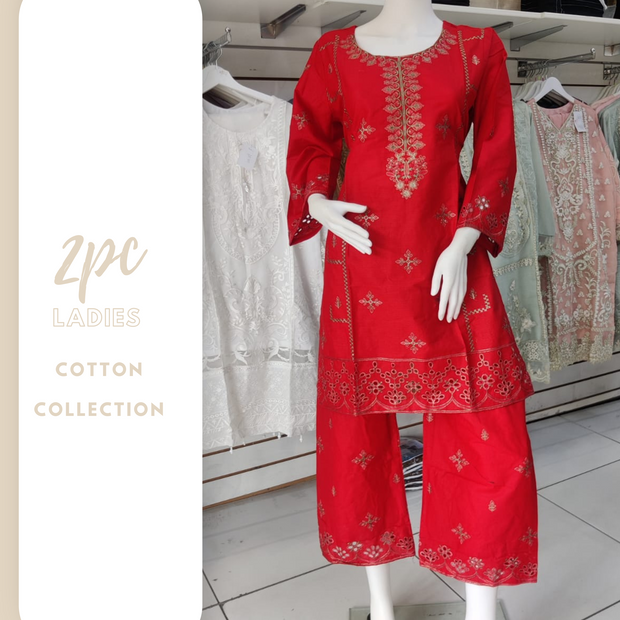 Red Gulerana Pret Cotton 2PC Shalwar Kameez Ready to wear SS3215