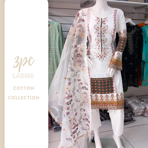 White Premium Cotton and 3PC Shalwar Kameez Ready to wear SS3233