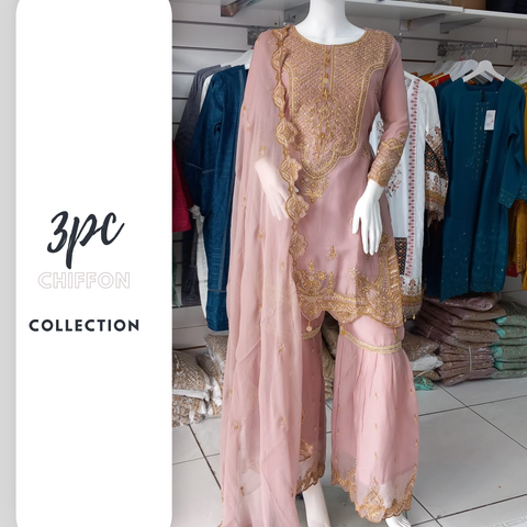 Mauve Premium Chiffon 3PC Shalwar Kameez Gharara Suit SS3246