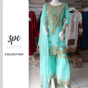 Mint Premium Chiffon 3PC Shalwar Kameez Gharara Suit SS3247