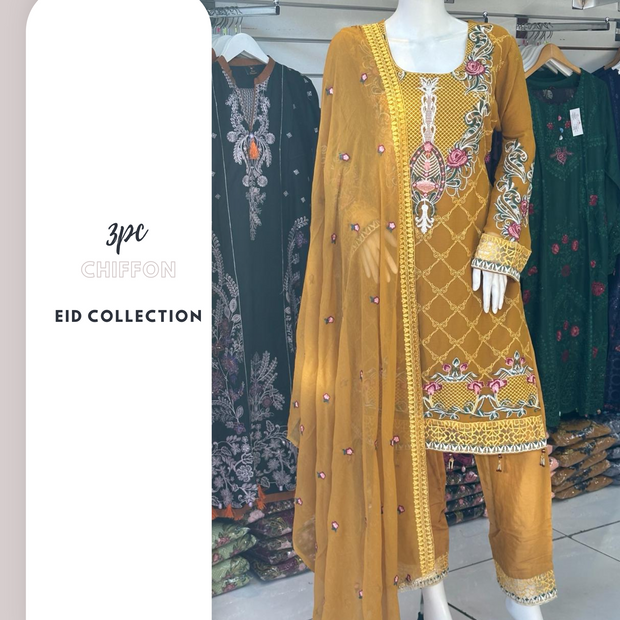 Mustard Premium Chiffon 3PC Shalwar Kameez Ready to wear SS3568