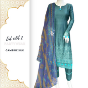 Blue Premium Cambric Silk 3PC Shalwar Kameez Ready to wear SS3583