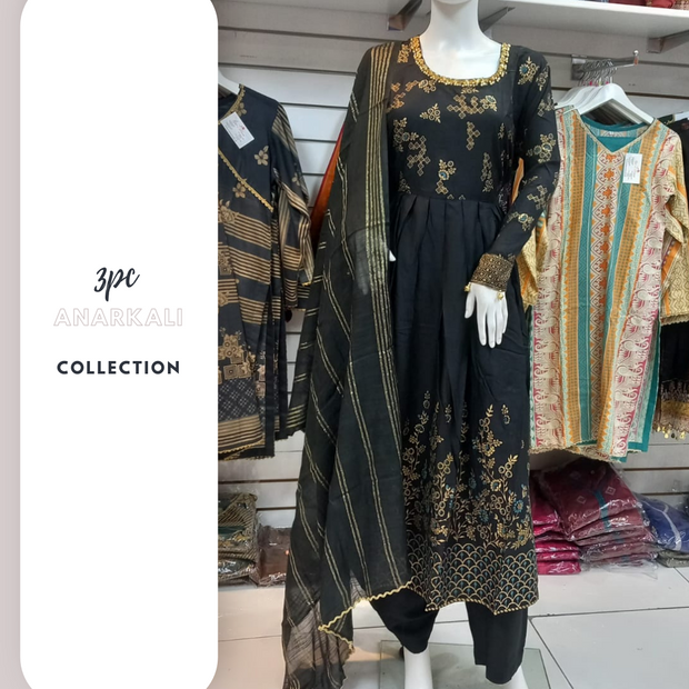 Black Linen 3PC Anarkali Shalwar Kameez Dress SS3518