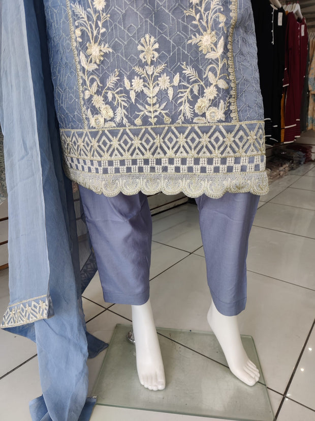 Grey Blue Premium organza 3PC Shalwar Kameez Ready to wear SS3115