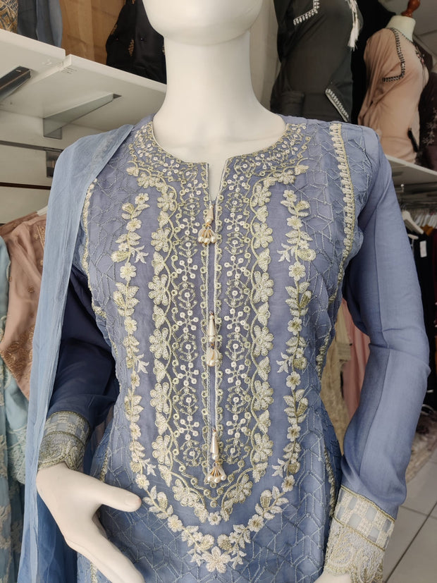 Grey Blue Premium organza 3PC Shalwar Kameez Ready to wear SS3115