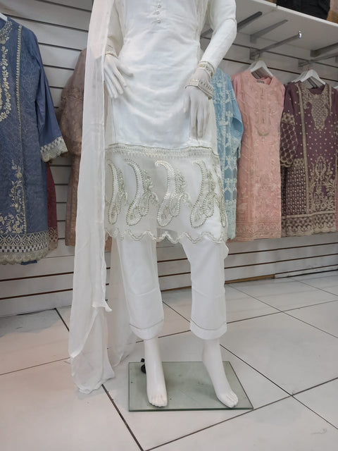 White Premium Cotton and Organza 3PC Shalwar Kameez Ready to wear SS3143