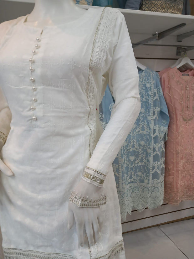 White Premium Cotton and Organza 3PC Shalwar Kameez Ready to wear SS3143