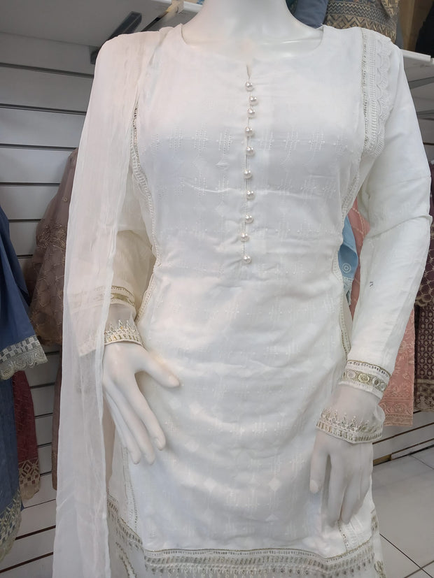 White Premium Cotton and Organza 3PC Shalwar Kameez Ready to wear SS3143