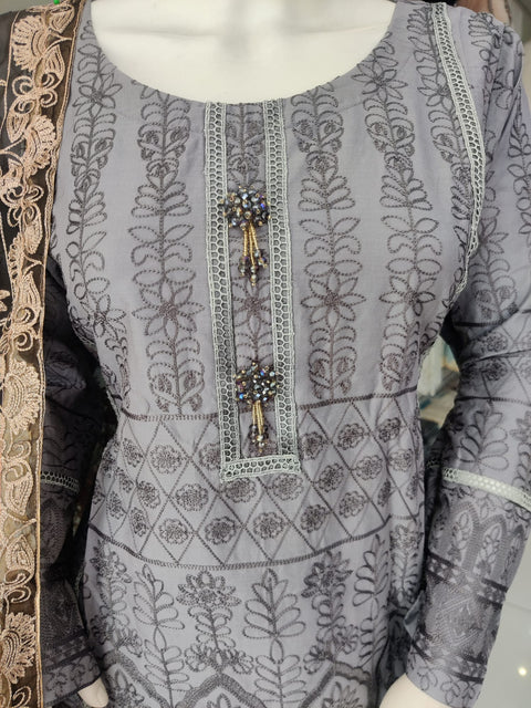 Grey Premium Cotton and 3PC Shalwar Kameez Ready to wear SS3146