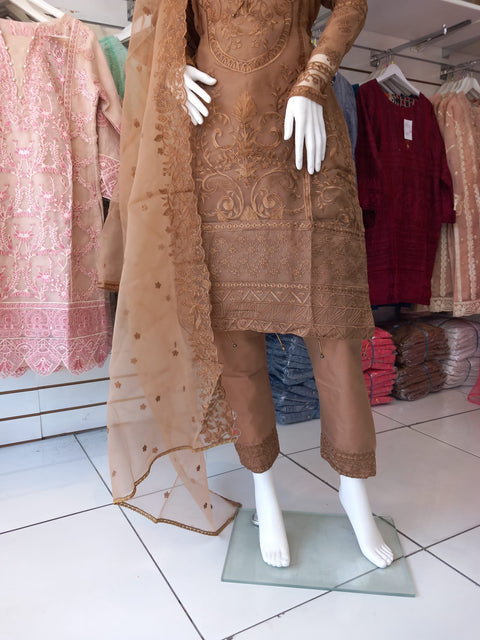 Brown Premium Organza 3PC Shalwar Kameez Ready to wear SS3155