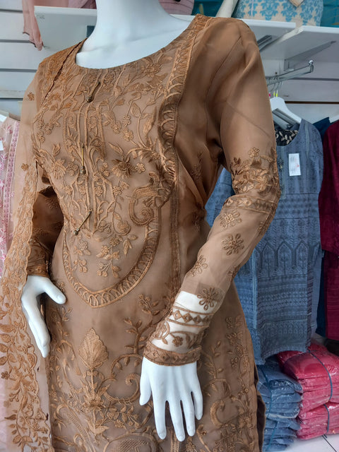 Brown Premium Organza 3PC Shalwar Kameez Ready to wear SS3155