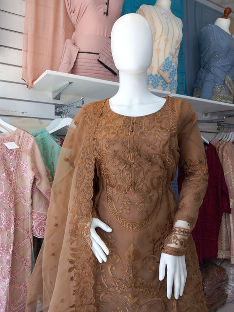 Brown Premium Organza 3PC Shalwar Kameez Ready to wear SS3155