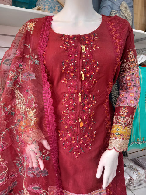 Maroon Premium Cotton and 3PC Shalwar Kameez Ready to wear SS3232