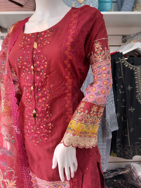 Maroon Premium Cotton and 3PC Shalwar Kameez Ready to wear SS3232
