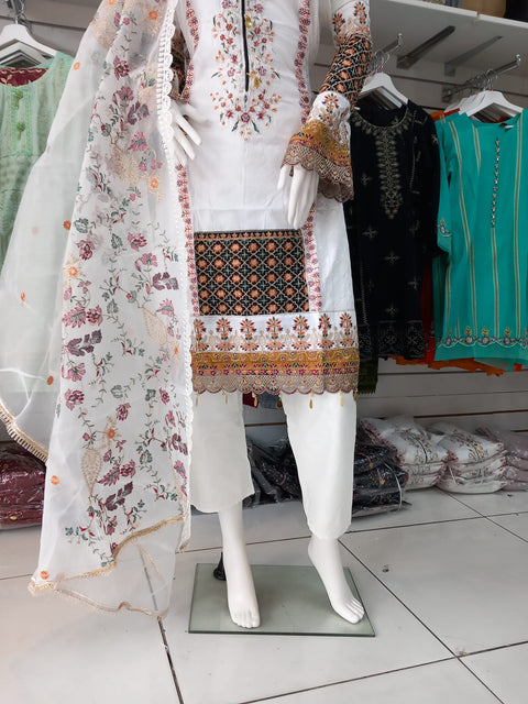 White Premium Cotton and 3PC Shalwar Kameez Ready to wear SS3233