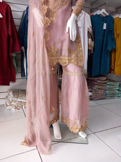 Mauve Premium Chiffon 3PC Shalwar Kameez Gharara Suit SS3246