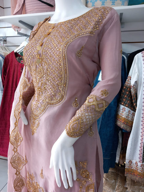 Mauve Premium Chiffon 3PC Shalwar Kameez Gharara Suit SS3246