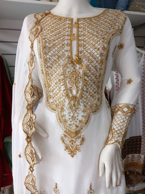 White Premium Chiffon 3PC Shalwar Kameez Gharara Suit SS3249