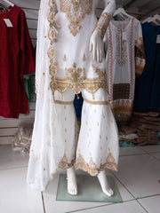 White Premium Chiffon 3PC Shalwar Kameez Gharara Suit SS3249