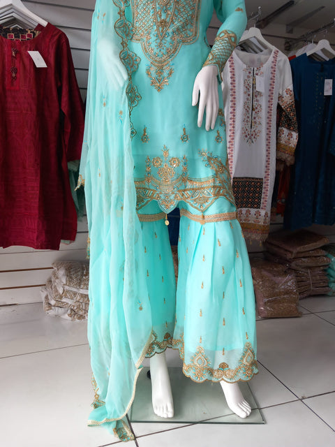 Mint Premium Chiffon 3PC Shalwar Kameez Gharara Suit SS3247