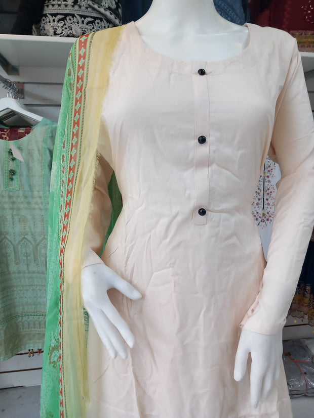 Cream and Green Linen Shalwar Kameez Dress SS3304