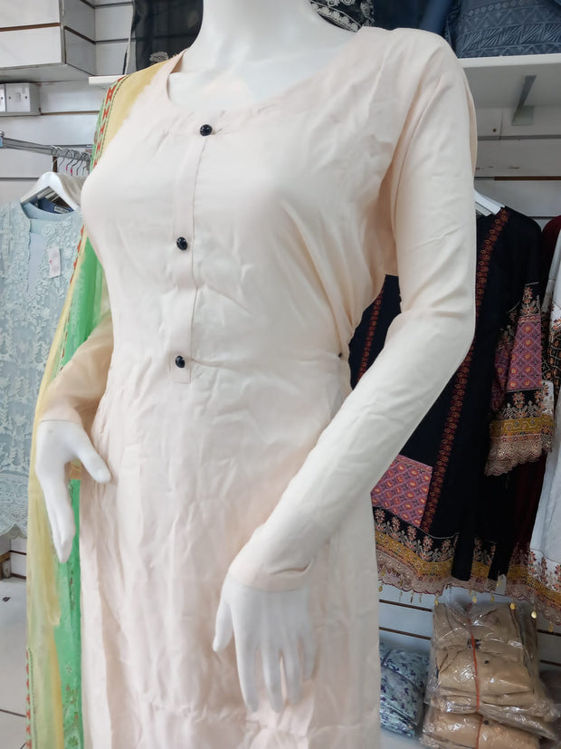 Cream and Green Linen Shalwar Kameez Dress SS3304
