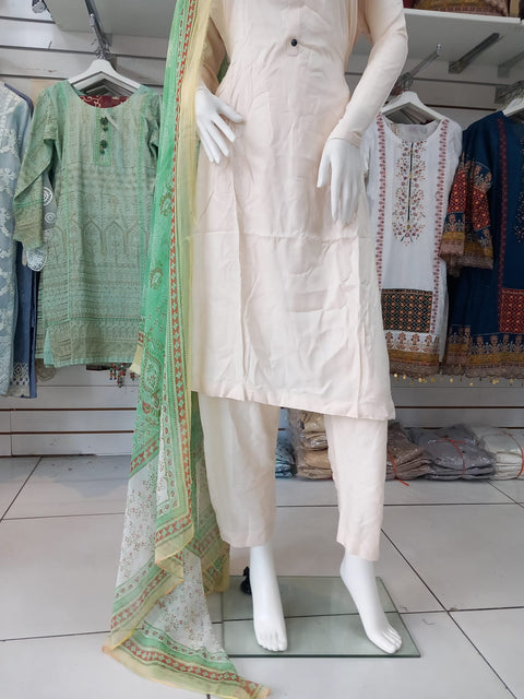 Cream and Green Linen Shalwar Kameez Dress SS3304