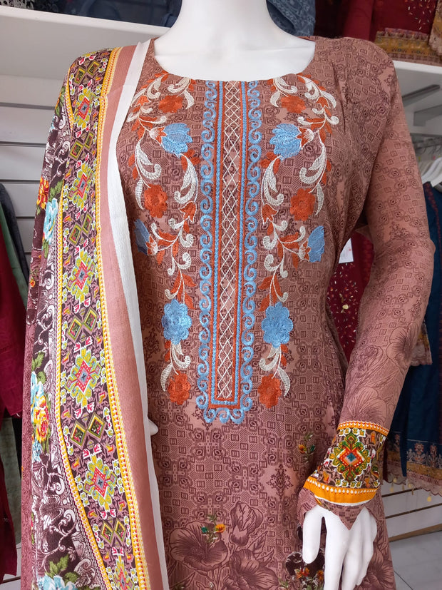 Brown Linen Suit with Shawl Shalwar Kameez Dress SS3340