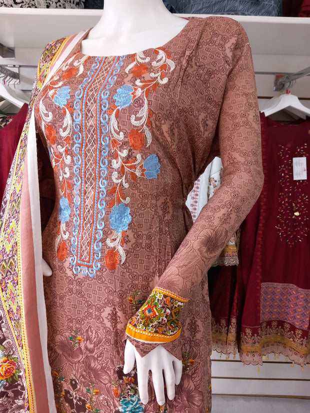 Brown Linen Suit with Shawl Shalwar Kameez Dress SS3340