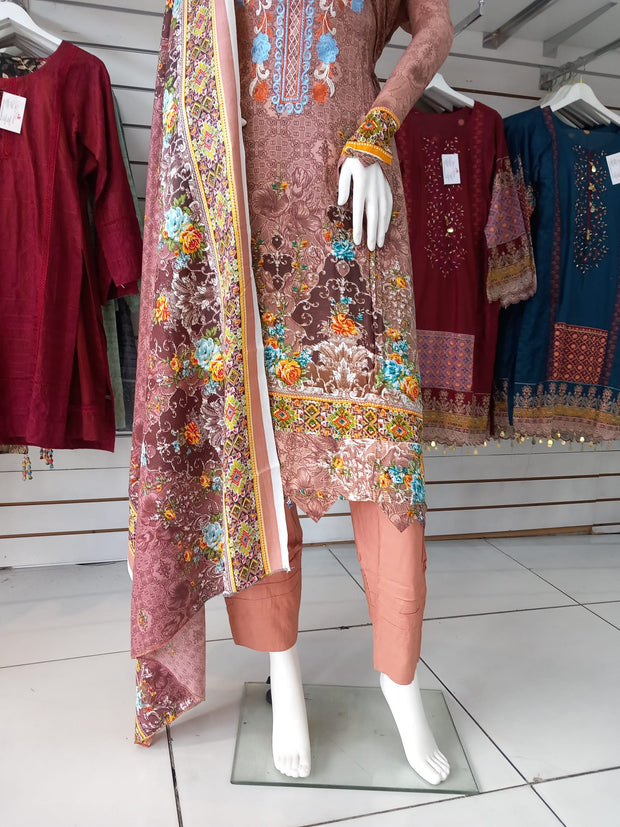 Brown Linen Suit with Shawl Shalwar Kameez Dress SS3340