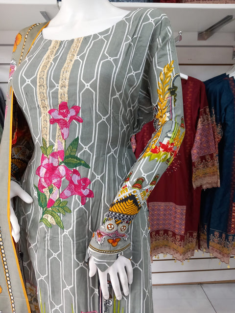 Grey Linen Suit with Shawl Shalwar Kameez Dress SS3345