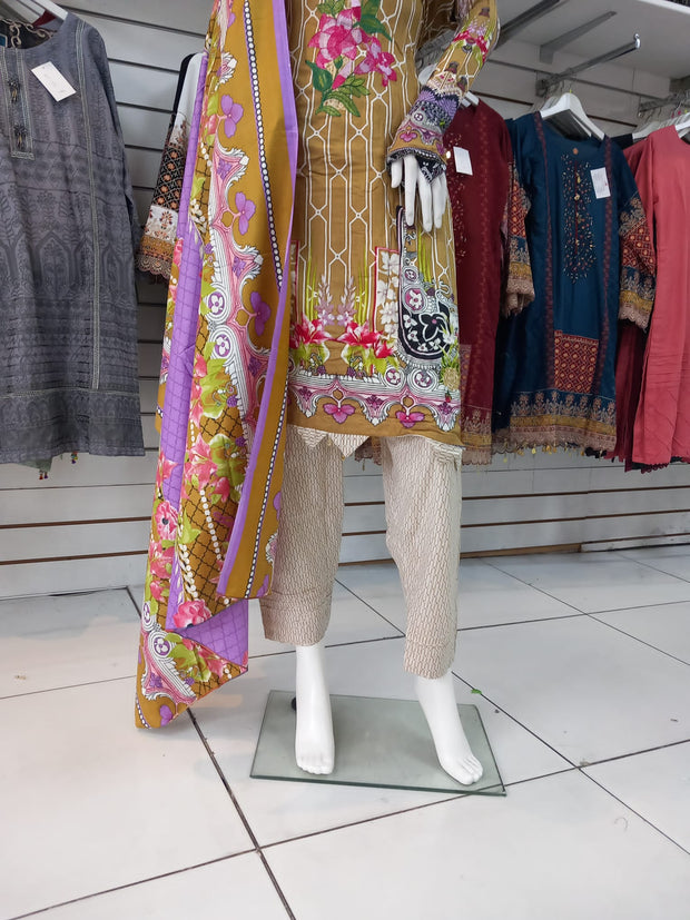 Gold Linen Suit with Shawl Shalwar Kameez Dress SS3356