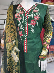 Green Linen Suit with Shawl Shalwar Kameez Dress SS3358