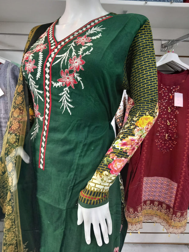 Green Linen Suit with Shawl Shalwar Kameez Dress SS3358