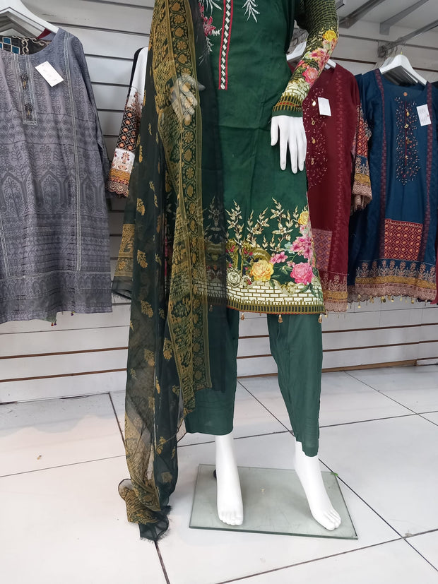Green Linen Suit with Shawl Shalwar Kameez Dress SS3358