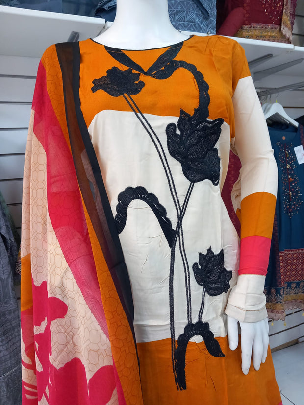 Cream Linen Suit with Shawl Shalwar Kameez Dress SS3359