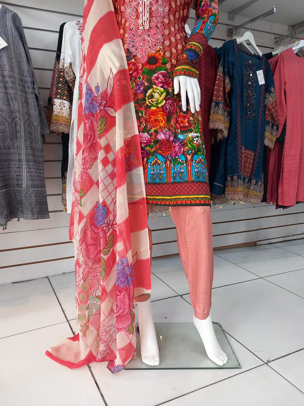 Red Linen Suit with Dupatta Shalwar Kameez Dress SS3360